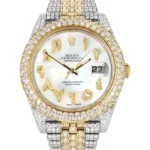 Diamond Iced Out Rolex Datejust 25 Carats Of Diamonds Custom Mother of Pearl Arabic Numeral Diamond Dial Two Tone Two Row Jubilee Band Replica
