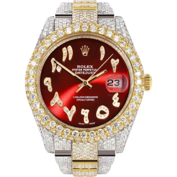 Diamond Iced Out Rolex Datejust 25 Carats Of Diamonds Custom Red Arabic Numeral Diamond Dial Replica