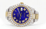 Diamond Iced Out Rolex Datejust 25 Carats Of Diamonds Custom Royal Blue Roman Numeral Diamond Dial Two Tone Replica