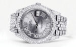 Diamond Iced Out Rolex Datejust 25 Carats Of Diamonds Custom Silver Roman Numeral Diamond Dial Two Row Jubilee Band Replica
