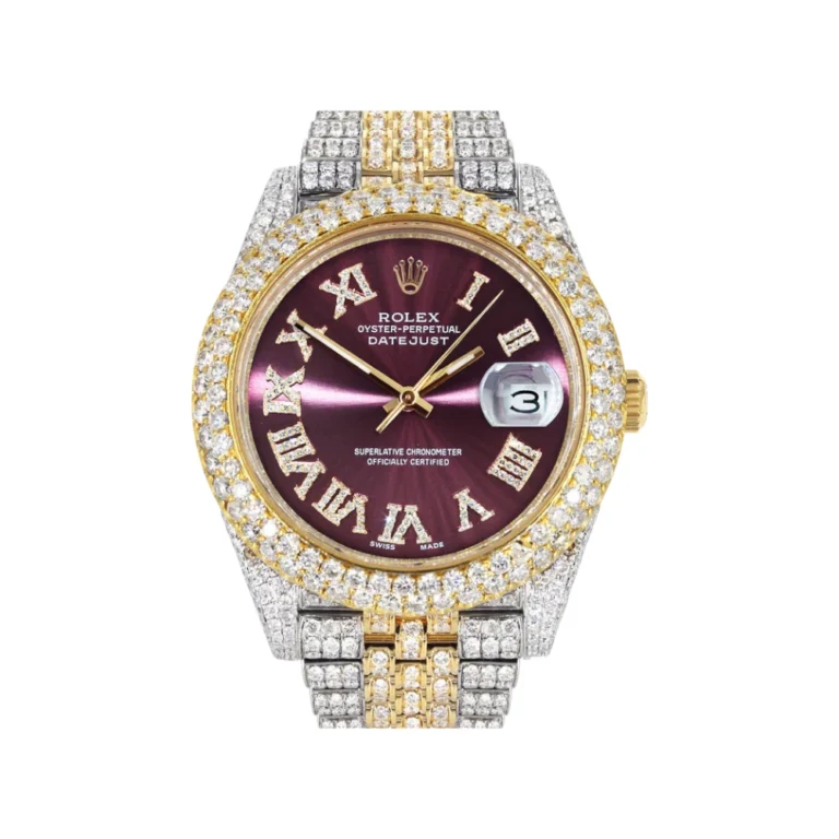 Diamond Iced Out Rolex Datejust 25 Carats Of Diamonds Purple Dial Two Tone Two Row Jubilee Band Replica