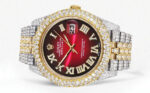Diamond Iced Out Rolex Datejust 25 Carats Of Diamonds Red Black Dial Two Tone Two Row Jubilee Band Replica