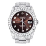 Iced Out Rolex Datejust 36 MM Stainless Steel 16.5 Carats of Diamonds Chocolate Diamond Dial Oyster Band Replica