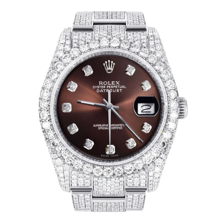 Iced Out Rolex Datejust 36 MM Stainless Steel 16.5 Carats of Diamonds Chocolate Diamond Dial Oyster Band Replica