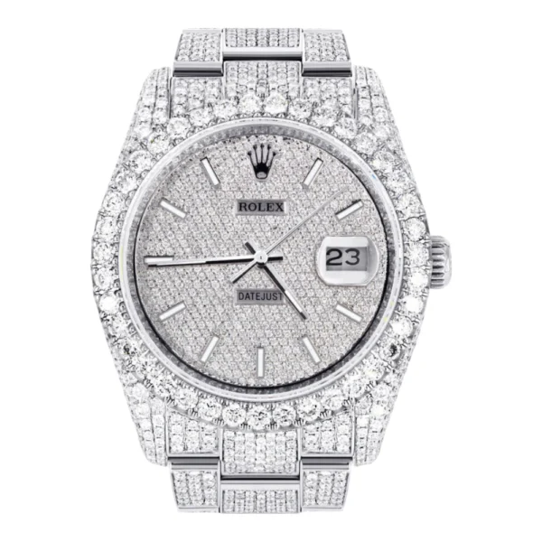 Iced Out Rolex Datejust 36 MM Stainless Steel 16.5 Carats of Diamonds Full Diamond Diamond Dial Oyster Band Replica