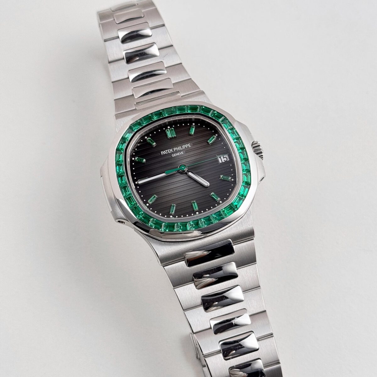 Patek Philippe Nautilus Date Platinum Emeralds Black Dial Replica