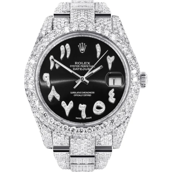 Womens Diamond Iced Out Rolex Datejust 25 Carats Of Diamonds Custom Black Arabic Numeral Diamond Dial Two Row Oyster Band Replica