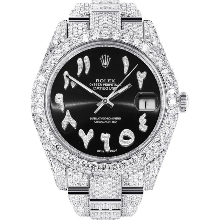 Womens Diamond Iced Out Rolex Datejust 25 Carats Of Diamonds Custom Black Arabic Numeral Diamond Dial Two Row Oyster Band Replica
