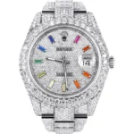 Womens Diamond Iced Out Rolex Datejust 25 Carats Of Diamonds Custom Color Baguettes Dial Two Row Oyster Band Replica