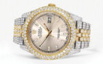 Womens Diamond Iced Out Rolex Datejust  25 Carats Of Diamonds Custom Dawn Pink Dial Two Tone Two Row Replica