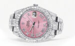 Womens Diamond Iced Out Rolex Datejust 25 Carats Of Diamonds Custom Pink Roman Numeral Diamond Dial Two Row Oyster Band Replica