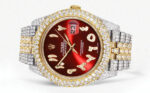 Womens Diamond Iced Out Rolex Datejust 25 Carats Of Diamonds Custom Red Arabic Numeral Diamond Dial Band Replica