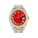 Womens Diamond Iced Out Rolex Datejust 25 Carats Of Diamonds Custom Red Mother of Pearl Roman Numeral Diamond Dial Replica