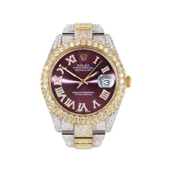 Womens Diamond Iced Out Rolex Datejust 25 Carats Of Diamonds Purple Roman Numeral Dial Two Tone Two Row Replica