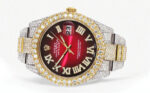 Womens Diamond Iced Out Rolex Datejust 25 Carats Of Diamonds Red Black Roman Numeral Dial Two Tone Two Row Replica